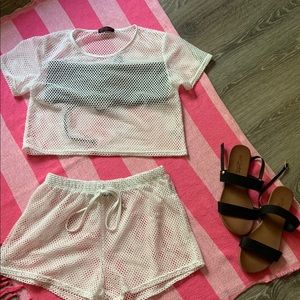 Two piece fishnet swimsuit cover up